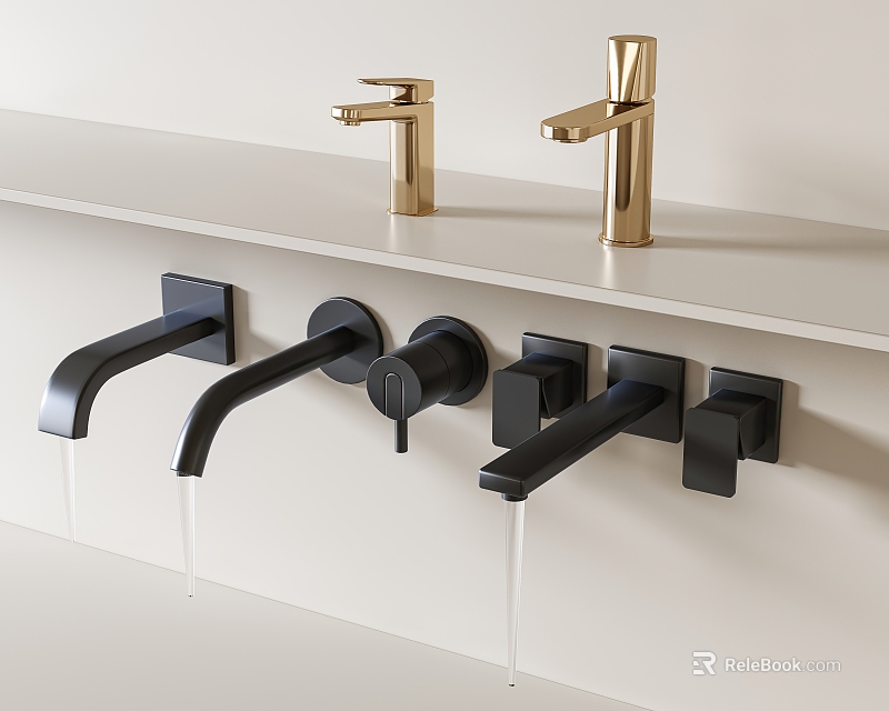 Modern Black and Gold Faucets in Wall Mounted and Countertop Bathroom Sink Area 3d model 