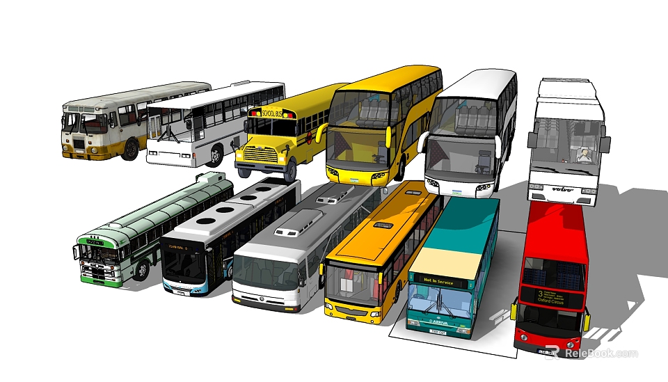 Different Types Of Colorful Modern Buses With Double Decker And Single Decker Designs 3d model 