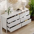 White Storage Cabinet With Drawers Golden Sunburst Mirror Table Lamp In Modern Bright Room