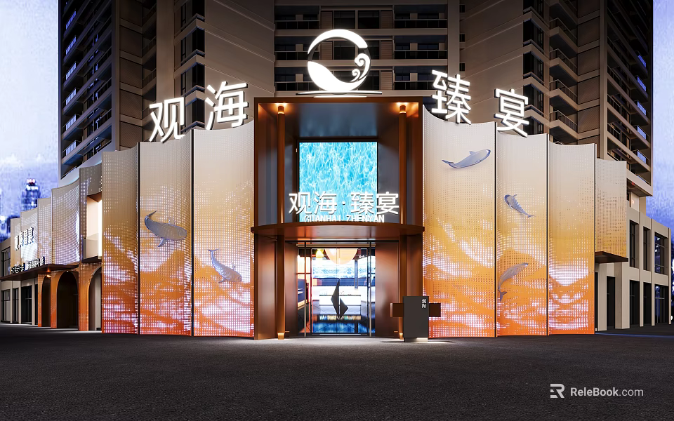 Modern Sea View Fine Dining Restaurant Facade With Dolphin Motifs Glass Doors And Lighting 3d model 