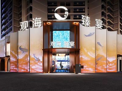 Modern Sea View Fine Dining Restaurant Facade With Dolphin Motifs Glass Doors And Lighting 3d model