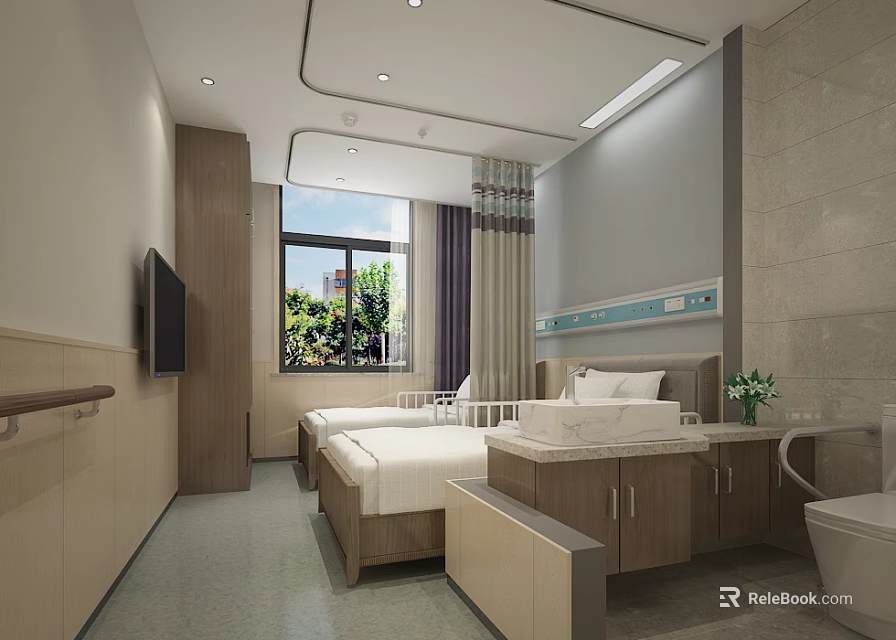 Modern Hospital Room Interior With Two Beds TV Window Sink And Wooden Furniture 3d model 