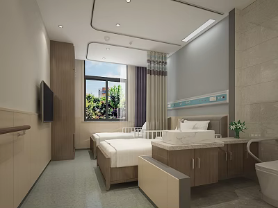 Modern Hospital Room Interior With Two Beds TV Window Sink And Wooden Furniture 3d model