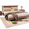 Wooden Double Bed with Pillows Striped Blanket Side Nightstands Table Lamp Vase Rug Fruits Book