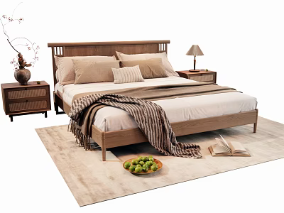 Wooden Double Bed with Pillows Striped Blanket Side Nightstands Table Lamp Vase Rug Fruits Book 3d model
