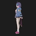 Anime Woman Character Design With Purple Black Hair Blue Coat And Pink Boots
