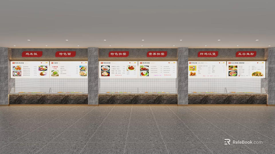 Chinese Fast Food Stall Interior With Menu Boards Price Lists And Hanging Signboards 3d model 