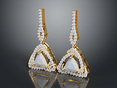 Elegant Gold Earrings with Triangular White Gemstone and Pearl Accents Modern Design 3d model