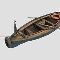 Vintage Wooden Boats With Blue Brown Red Hulls Canvas Covers Oars And Life Rings