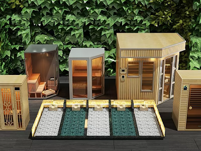 Outdoor Shower Sauna With Various Wooden Cabins Glass Doors And Green Plant Wall 3d model