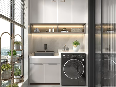 Modern Home Balcony With Washing Machine Cabinets Sink And Green Plants Design 3d model