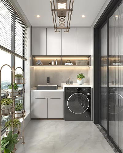 Modern Home Balcony With Washing Machine Cabinets Sink And Green Plants Design 3d model