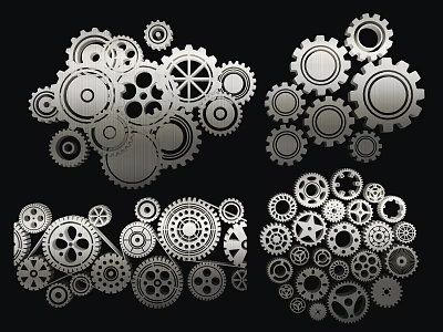 Various Metallic Gears In Different Sizes With Silver Finish On Black Background 3d model