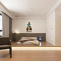 Modern Tatami Bedroom With Platform Bed Natural Light Colorful Painting And Blue Teddy Bear