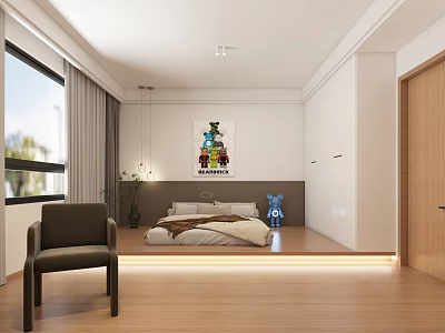 Modern Tatami Bedroom With Platform Bed Natural Light Colorful Painting And Blue Teddy Bear 3d model