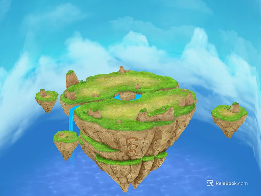 Floating Islands Featuring Green Grass Small Waterfall And Surrounding Isles Under Blue Sky With Water 3d model 