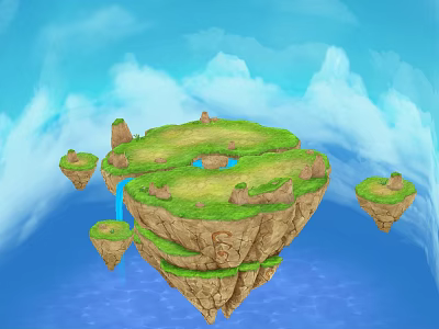 Floating Islands Featuring Green Grass Small Waterfall And Surrounding Isles Under Blue Sky With Water 3d model