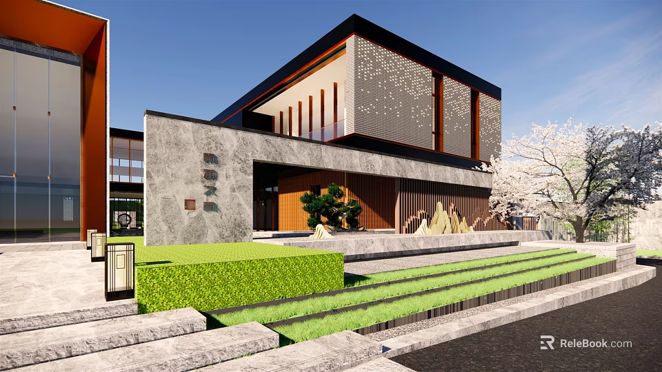 Modern Exterior Feature Wall With Stone Perforated Design Greenery Steps Against Blue Sky 3d model 