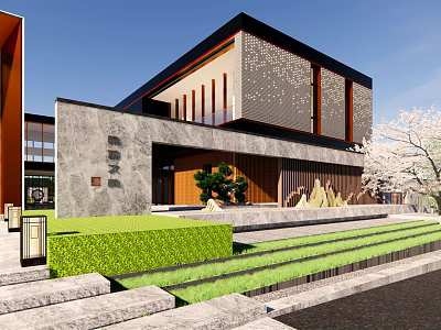 Modern Exterior Feature Wall With Stone Perforated Design Greenery Steps Against Blue Sky 3d model