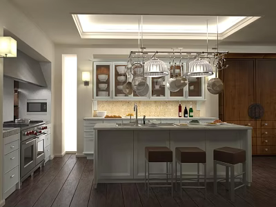 Modern Restaurant Kitchen Interior With White Cabinets Island Counter Pendant Lights And Bar Stools 3d model
