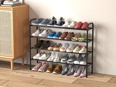 Multi tiered Shoe Rack With Various Shoes On Wooden Floor Near Cabinet 3d model