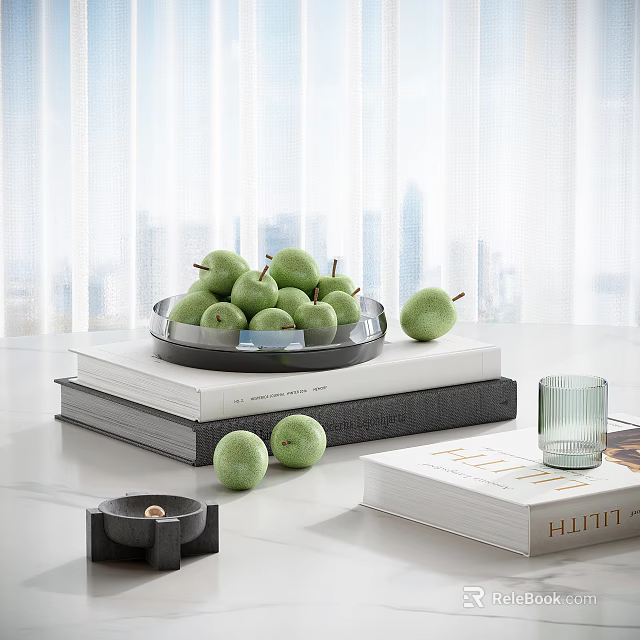 Green Pears In Black Tray With Stacked Books Glass Cup And Candle Tabletop Decorative Set 3d model 