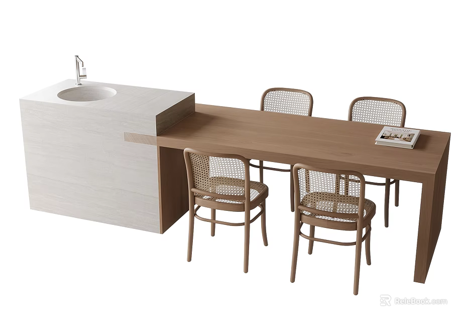 Modern Wooden Dining Table with Rattan Back Chairs and Sink Counter 3d model 