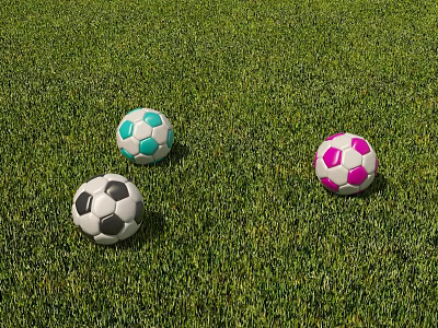 Green Football Field With Three Colorful Soccer Balls On Grass Surface 3d model