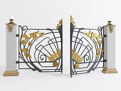 Ornate Wrought Iron Gate With Golden Leaf Scroll Accents And Stone Pillar Lamps 3d model
