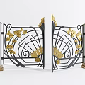 Ornate Wrought Iron Gate With Golden Leaf Scroll Accents And Stone Pillar Lamps