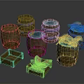 Decorative Wooden Barrels And Crates With Glowing Blue Liquid And Ornamental Plants