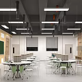 Spacious Modern School Classroom Interior With Hanging Lights Wooden Walls And Green Blackboard