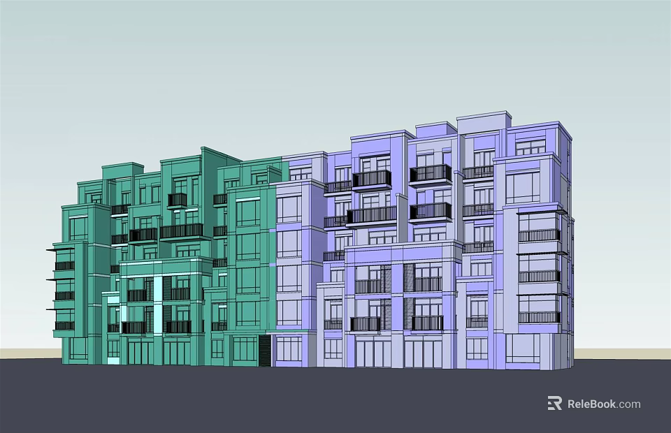 Modern Green And Purple Apartment Buildings With Multiple Floors Balconies And Windows 3d model 