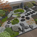 Lush Courtyard Garden Design With Natural Stone Pathway Green Plants Decorative Rocks And Wooden Deck