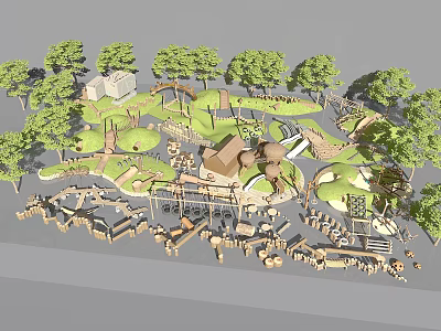 Garden Landscape Design With Trees Green Areas Play Structures Wooden Seats Water Features And Paths 3d model
