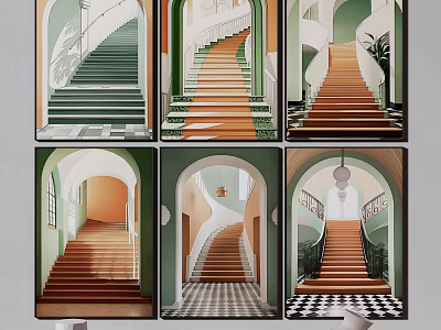 Colorful Staircase Designs Featuring Archway And Diverse Floor Patterns 3d model