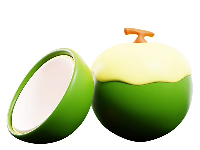 Fresh Green Coconut With Open Half And White Flesh And Orange Stem 3d model