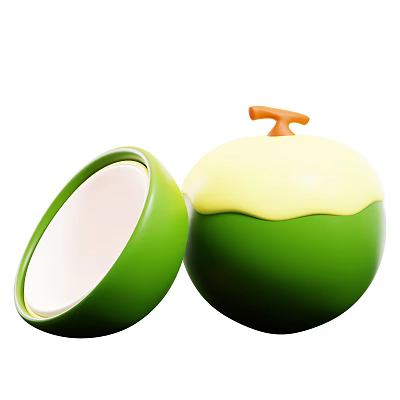 Fresh Green Coconut With Open Half And White Flesh And Orange Stem 3d model