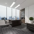 Modern Office Interior With Large Windows Blinds Desk Office Chairs Green Plant Sofa And Carpet