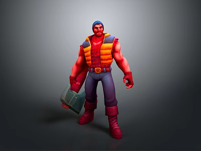 Muscular Man 3D Model in Orange Yellow Vest Blue Pants Holding Toolbox with Blue Headband 3d model