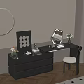 Black Modern Dressing Table with Round Mirror Geometric Art and Vase in Bedroom