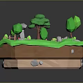 Low Poly Cartoon Scene With Green Grass Trees Stream Rocks And Fence 3d model