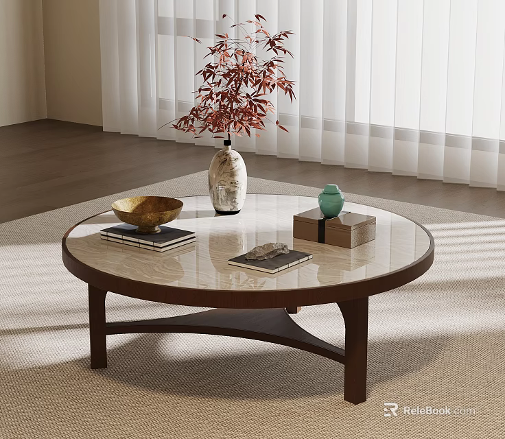 Modern Round Glass Top Wooden Coffee Table With Elegant Decorations In Cozy Living Room 3d model 