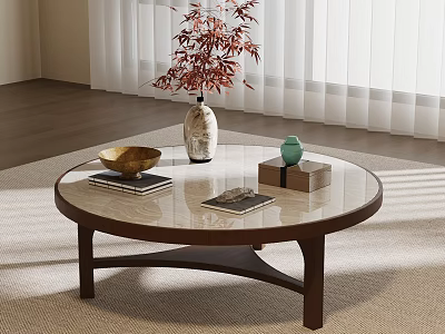 Modern Round Glass Top Wooden Coffee Table With Elegant Decorations In Cozy Living Room 3d model