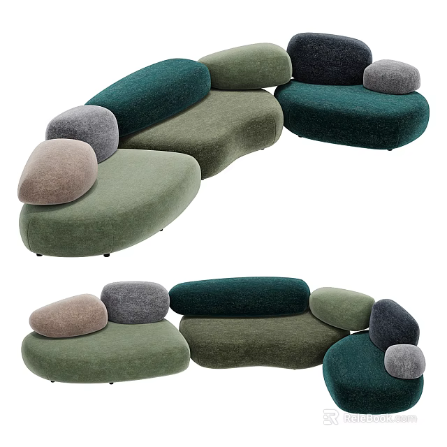 Modern Modular Multi Person Sofa With Green Gray Beige Cushions And Curved Design 3d model
