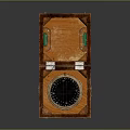 Wooden Desk With Open Box Containing Compass Green Item And White Cards