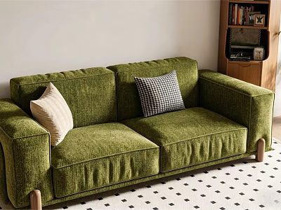 Green Velvet Two Seater Sofa With Beige And Plaid Cushions Wooden Legs And Checkered Rug 3d model