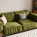 Green Velvet Two Seater Sofa With Beige And Plaid Cushions Wooden Legs And Checkered Rug