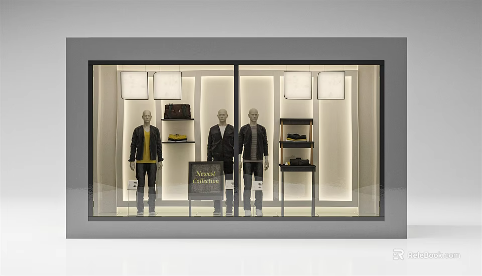 Bergdorf Shop Window Display with Three Mannequins in Stylish Suits Showcasing Bags Shoes And Lighting 3d model 