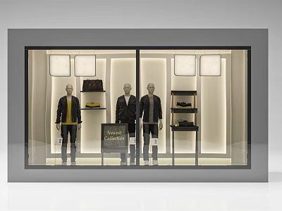 Bergdorf Shop Window Display with Three Mannequins in Stylish Suits Showcasing Bags Shoes And Lighting 3d model